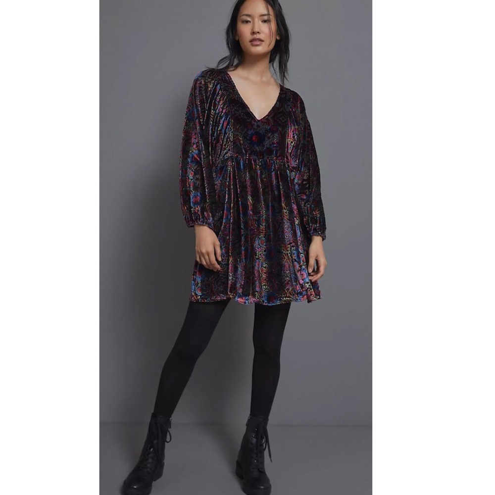 Anthropologie Mona Burnout Velvet Mini Dress Long Sleeve BabyDoll Black Motif 2X